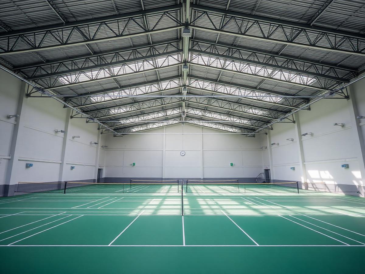Tempat bermain badminton yang bersih, terang, dan nyaman.