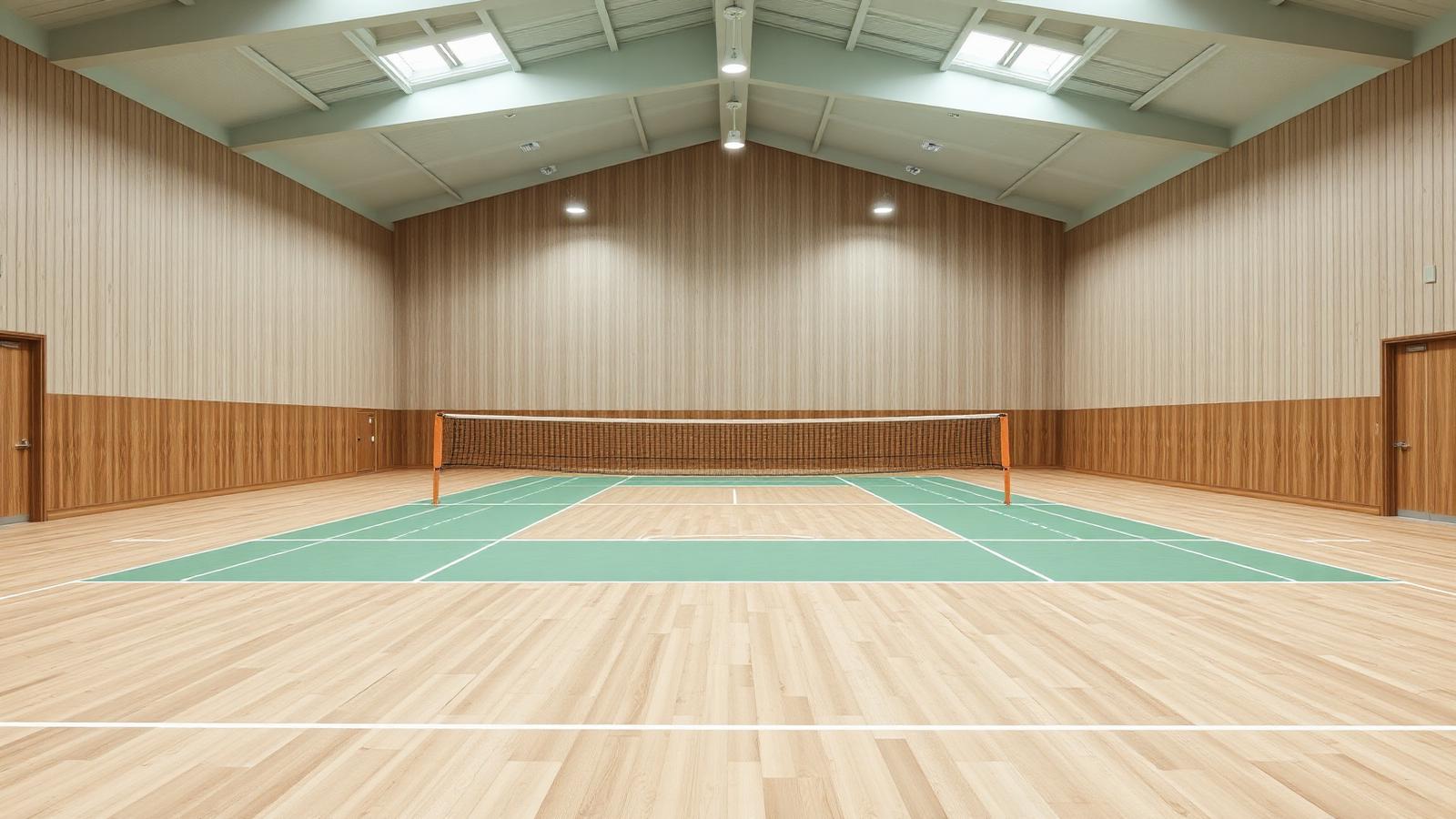 Tempat bermain badminton yang bersih, terang, dan nyaman.